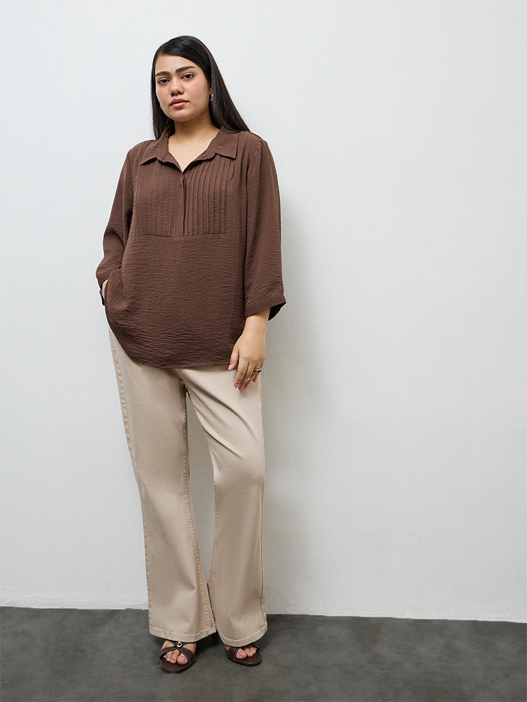 Gia Dark Brown Pintuck-Detail Blouse
