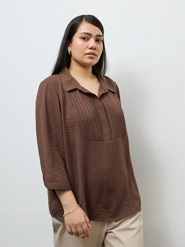 Gia Dark Brown Pintuck-Detail Blouse