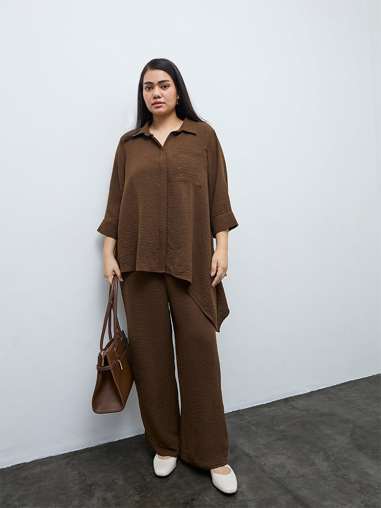 Gia Brown Crinkle Textured High-Rise Cotton Trousers