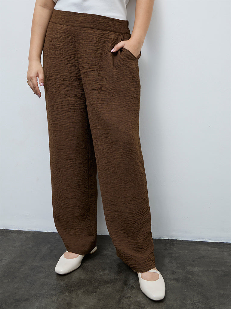 Gia Brown Crinkle Textured High-Rise Cotton Trousers