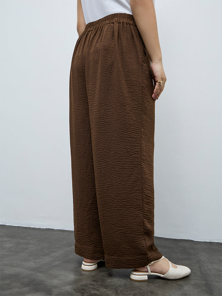 Gia Brown Crinkle Textured High-Rise Cotton Trousers