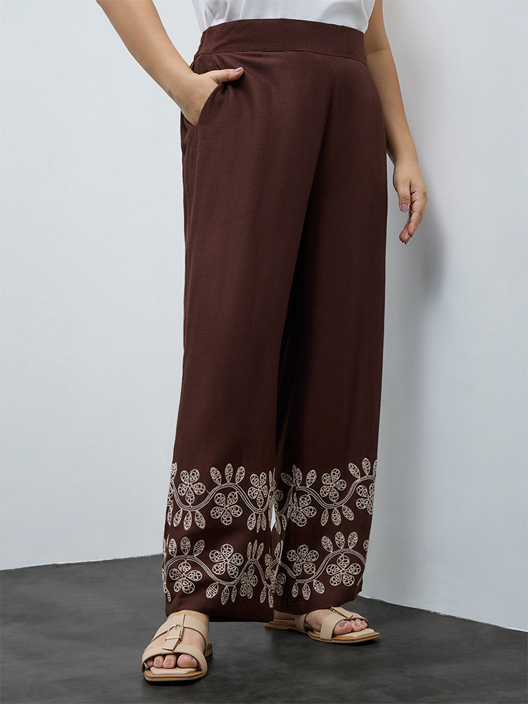 Buy Gia Dark Brown Floral Embroidered High-Rise Pants from Westside