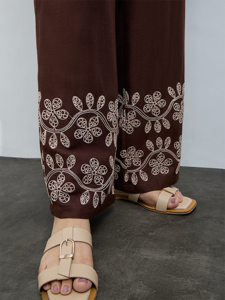 Gia Dark Brown Floral Embroidered High-Rise Pants