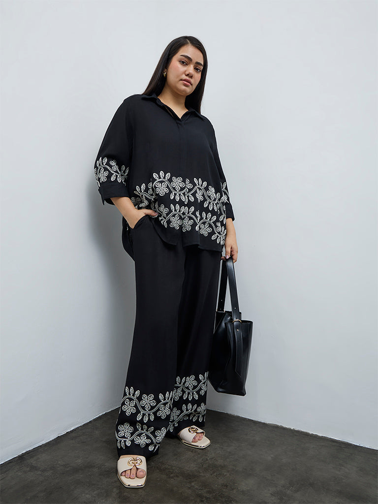 Gia Black Floral Embroidered High-Rise Pants