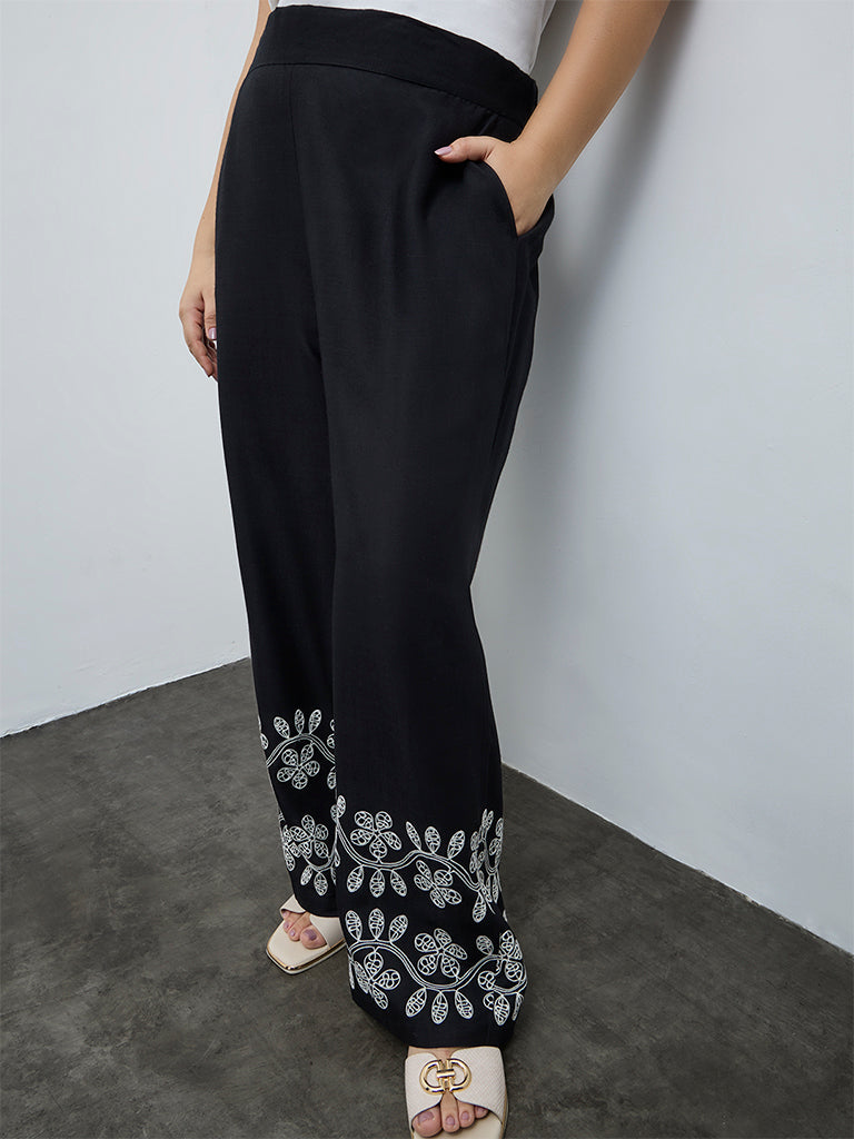 Gia Black Floral Embroidered High-Rise Pants