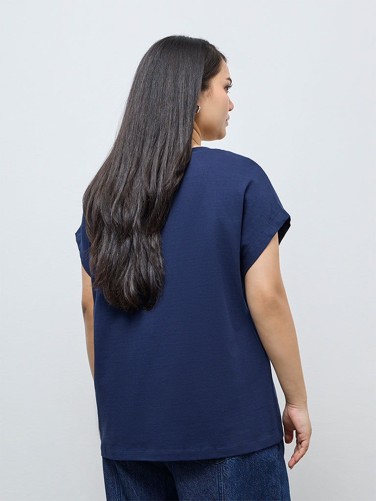 Gia Navy Text Printed Cotton T-Shirt