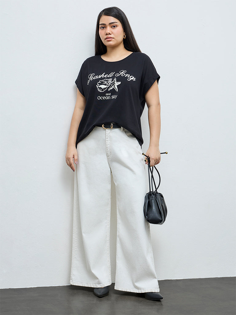 Gia Black Text Printed Cotton T-Shirt