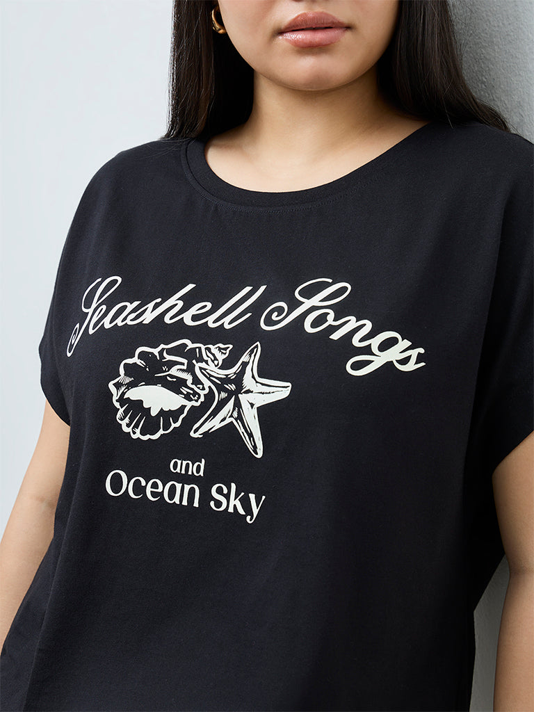 Gia Black Text Printed Cotton T-Shirt