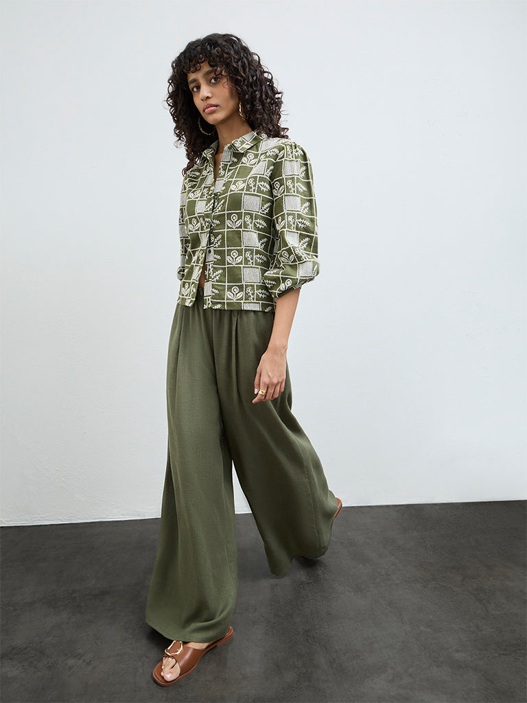 LOV Olive Embroidered Cotton Shirt