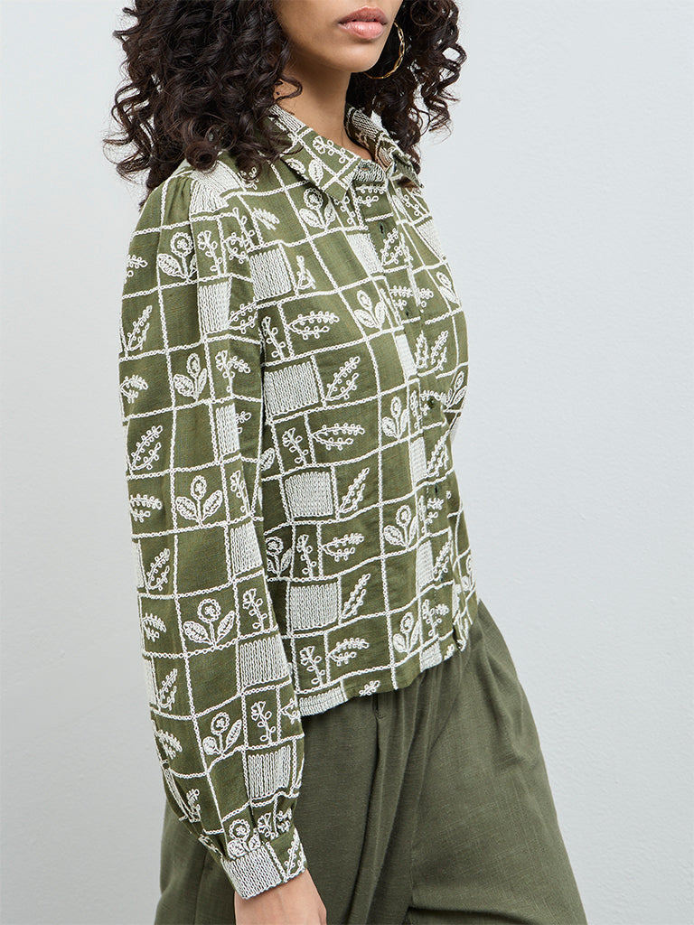 LOV Olive Embroidered Cotton Shirt