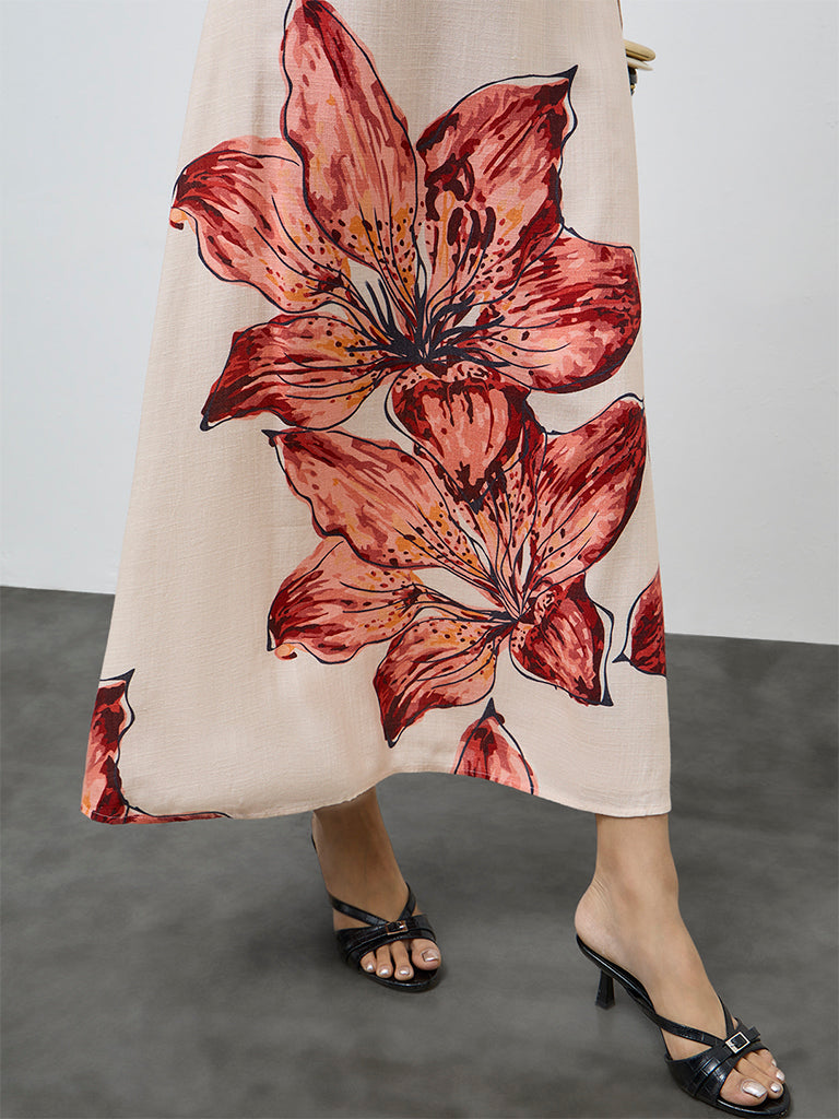 LOV Cream Foliage Printed High-Rise Skirt