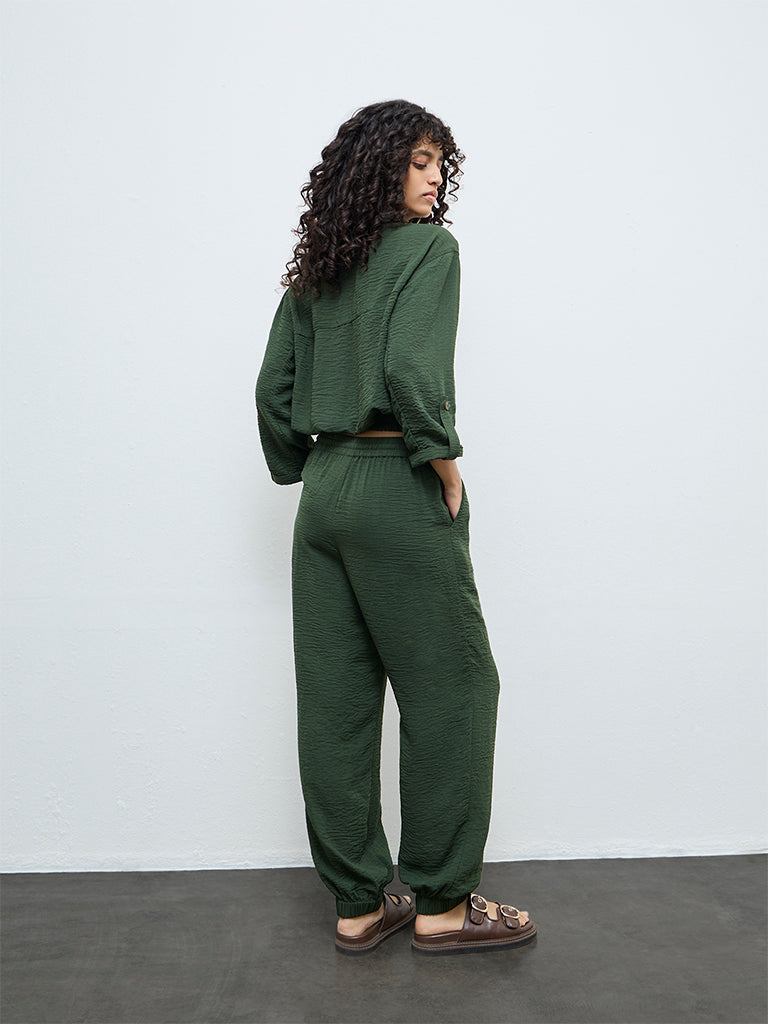 LOV Dark Green Crinkle-Textured High-Rise Pants
