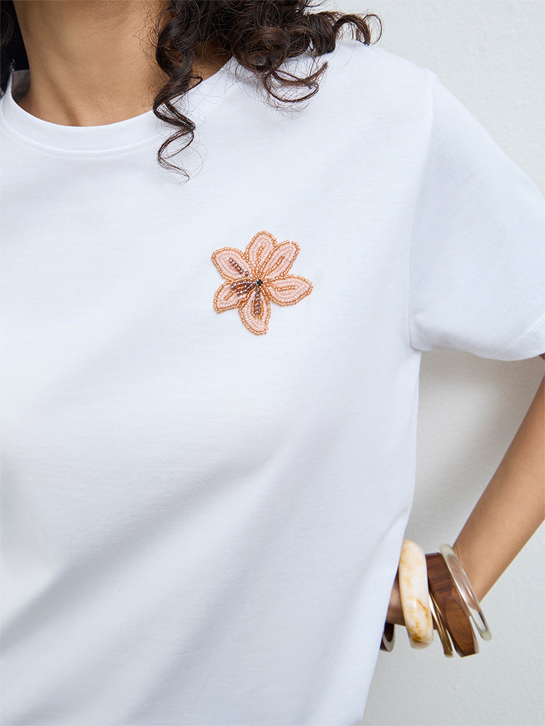 LOV White Floral Embellished Cotton T-Shirt