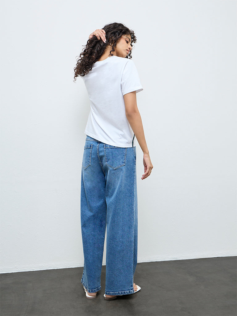 LOV White Foliage Printed Cotton T-Shirt