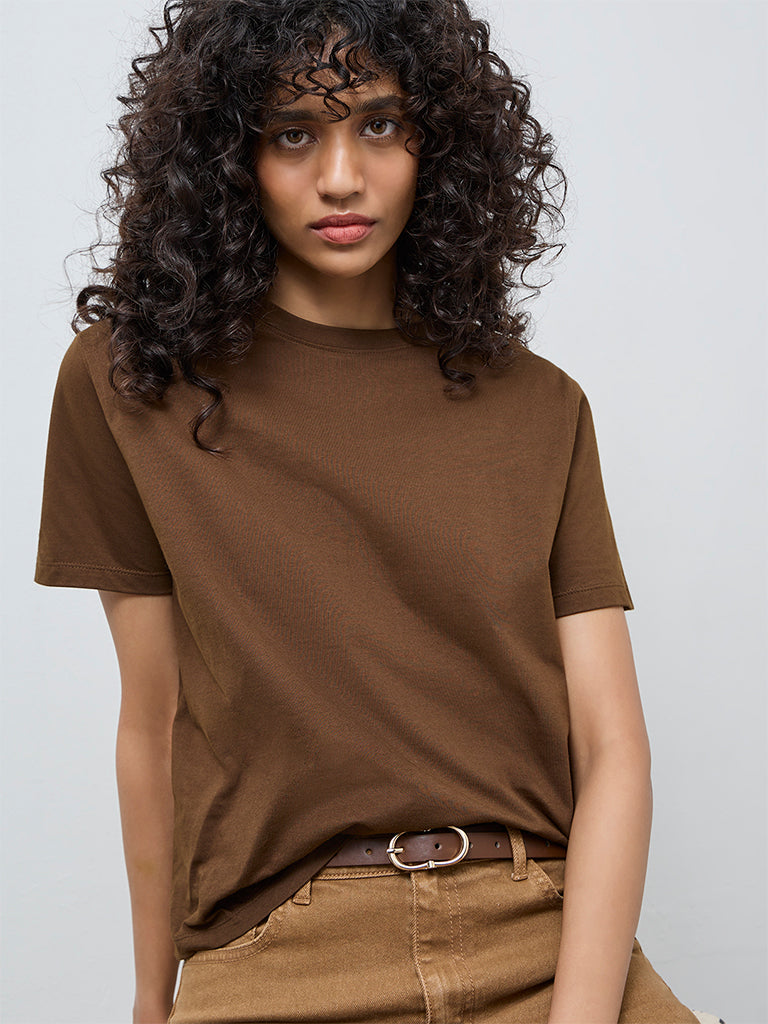 LOV Dark Brown Solid Cotton T-Shirt