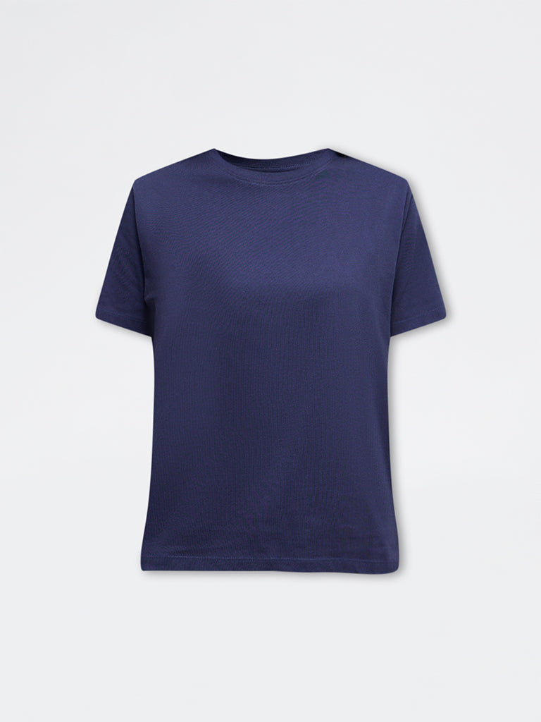 LOV Navy Solid Cotton T-Shirt