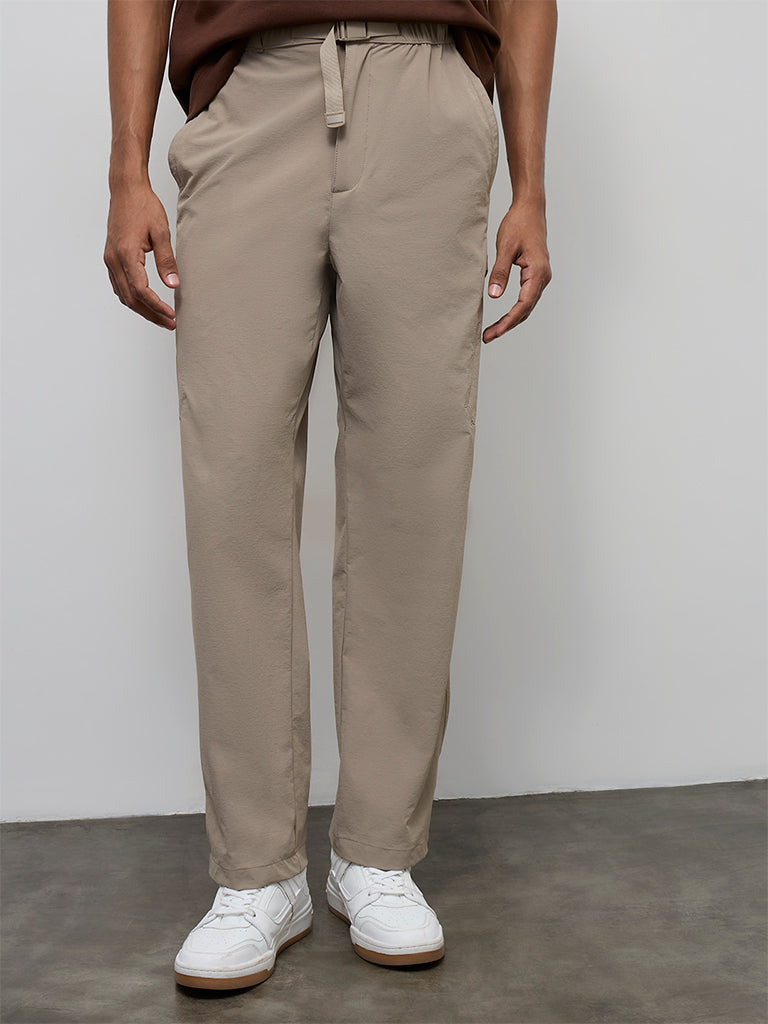 Nuoflexx Taupe Solid Relaxed-Fit Mid-Rise Pants