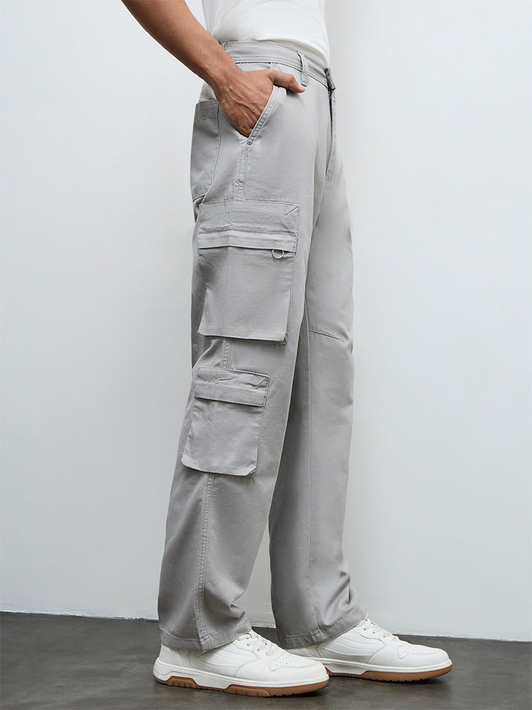 Nuon Grey Relaxed-Fit Mid-Rise Cotton Cargo Trousers