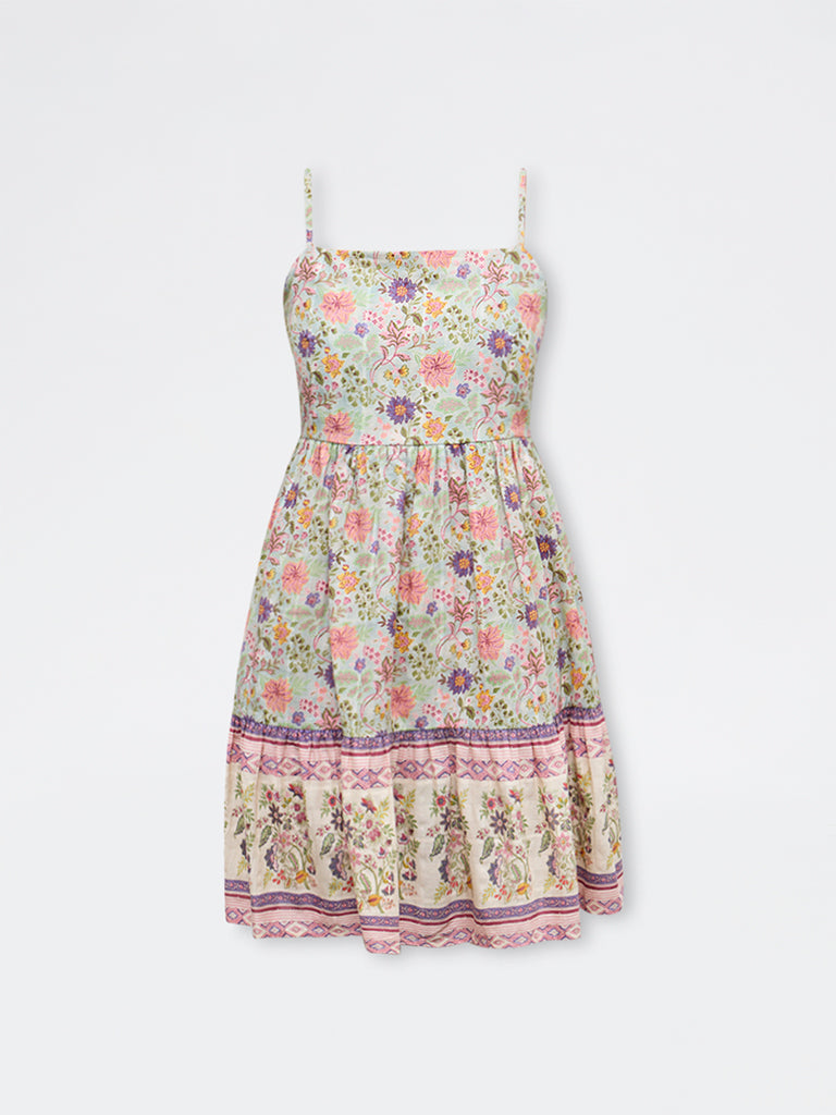Bombay Paisley Multicolour Foliage Pattern Cotton A-Line Dress