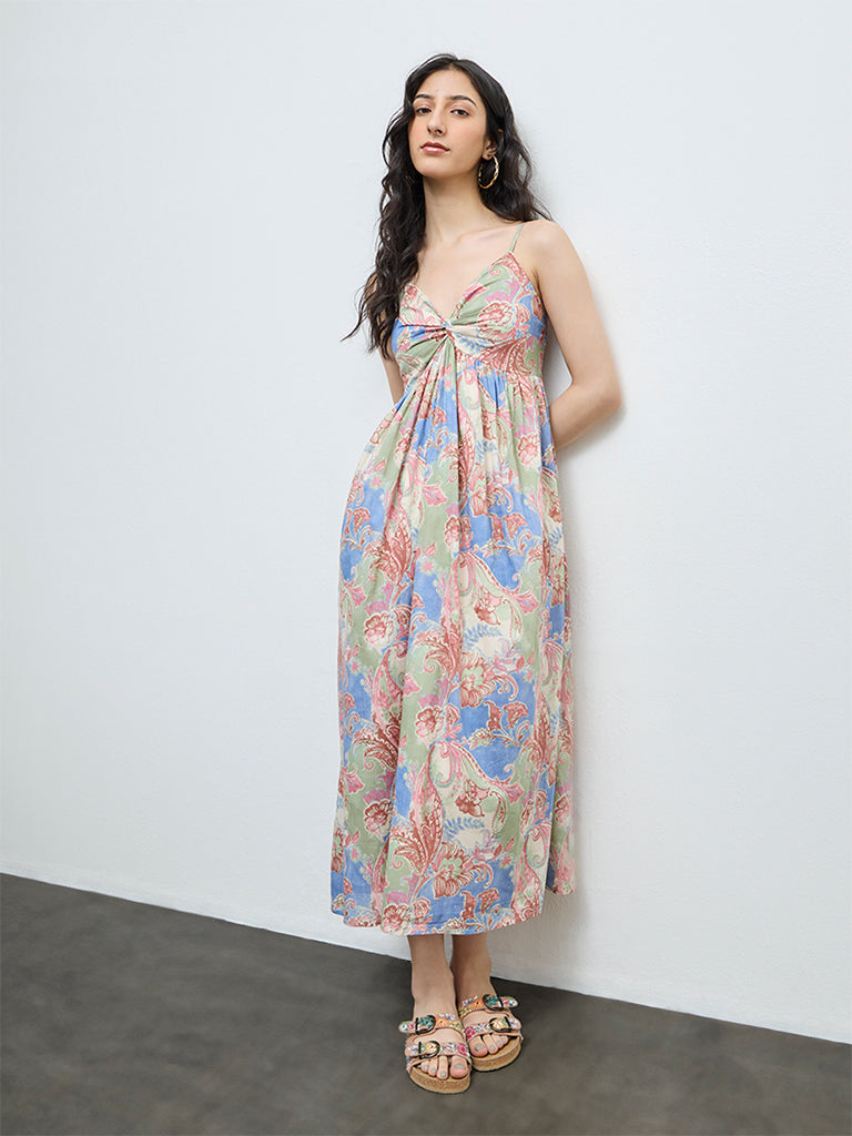 Bombay Paisley Multicolour Foliage Printed Cotton A-Line Dress