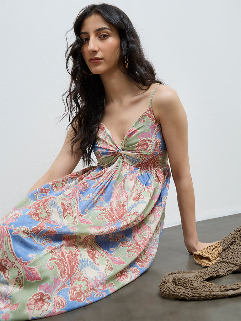 Bombay Paisley Multicolour Foliage Printed Cotton A-Line Dress