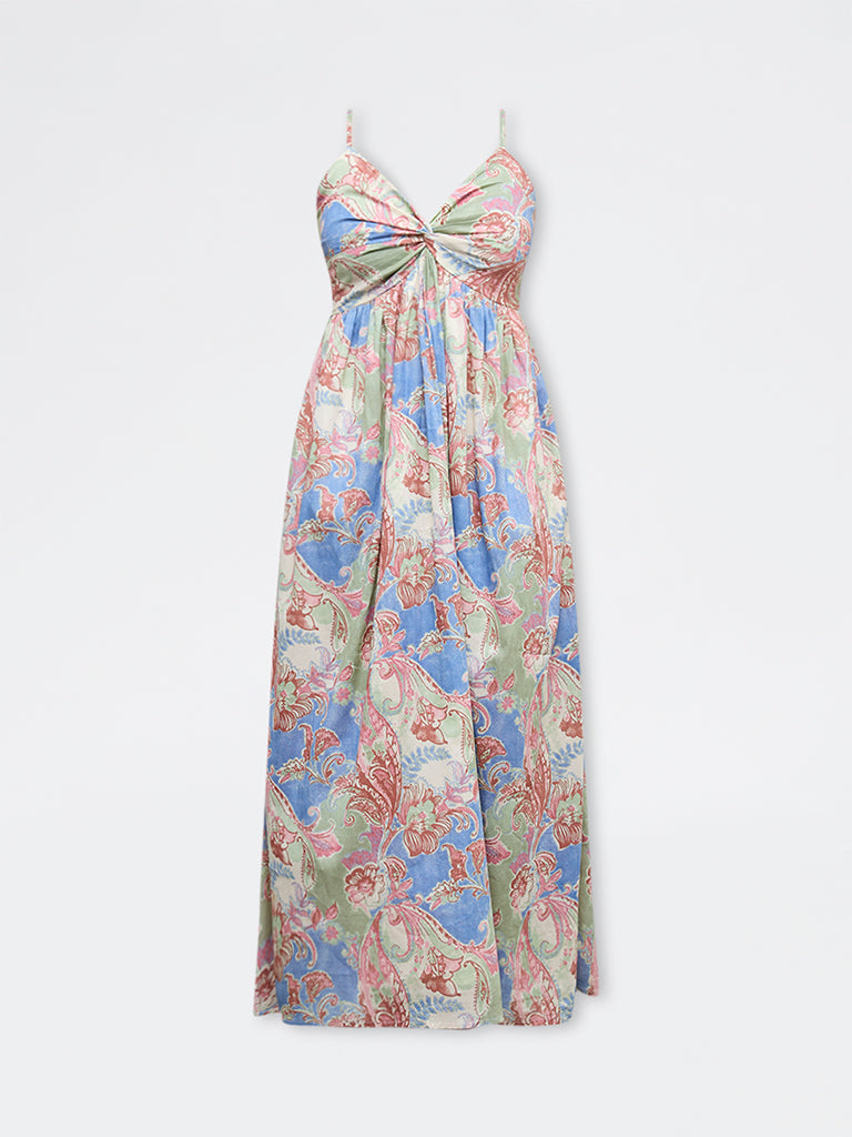 Bombay Paisley Multicolour Foliage Printed Cotton A-Line Dress