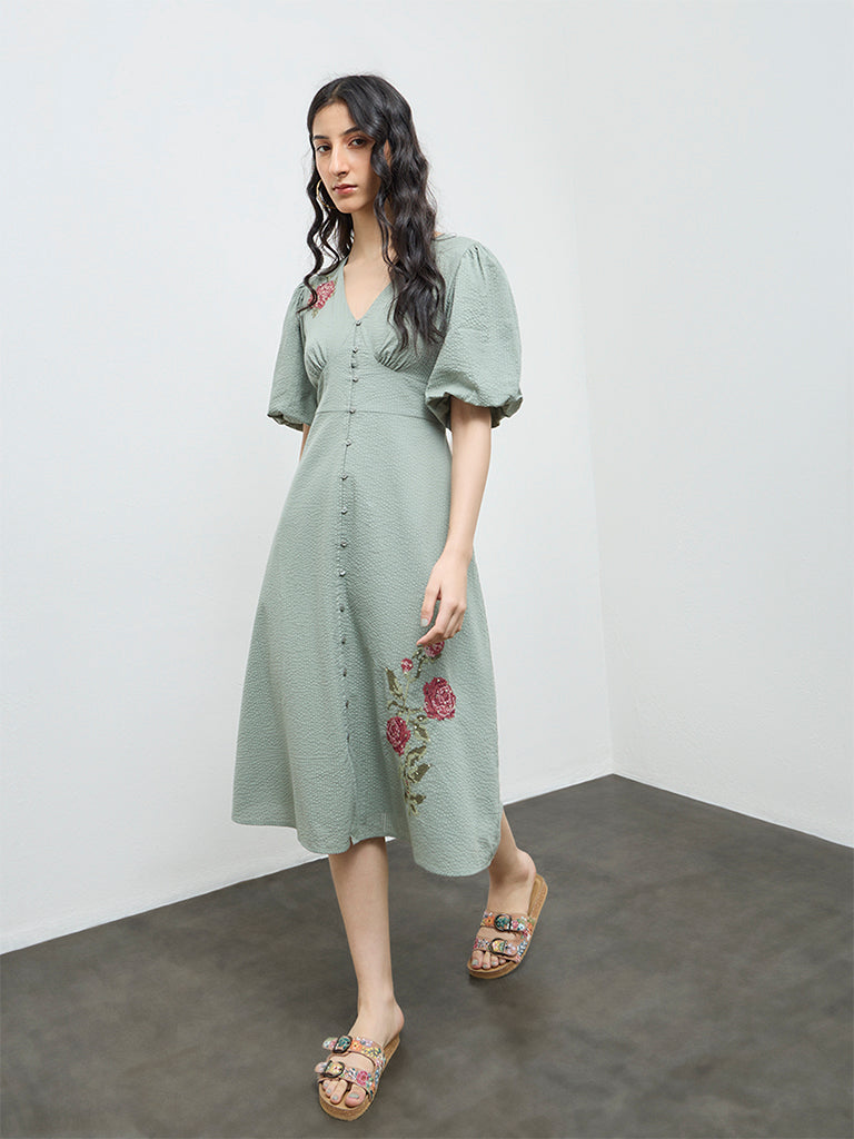 Bombay Paisley Sage Floral Embroidered Cotton A-Line Dress
