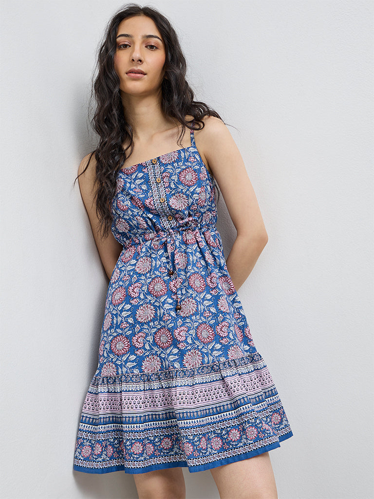 Bombay Paisley Blue Floral Cotton A-Line Dress