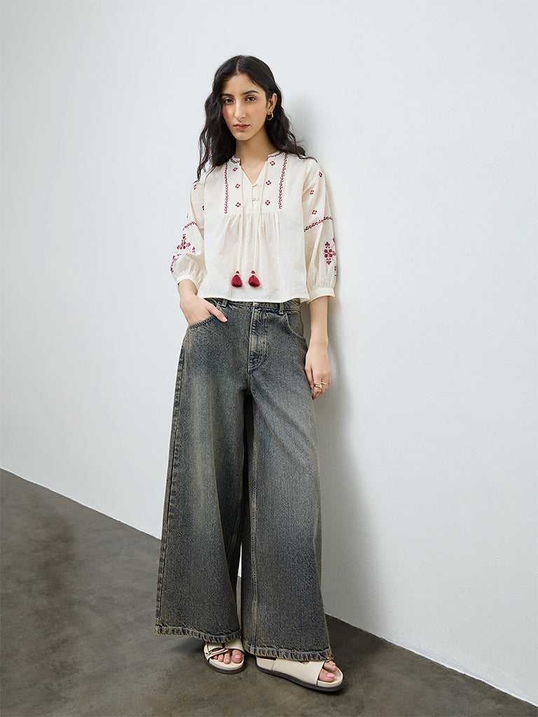 Bombay Paisley Off-White Embroidered Cotton Top