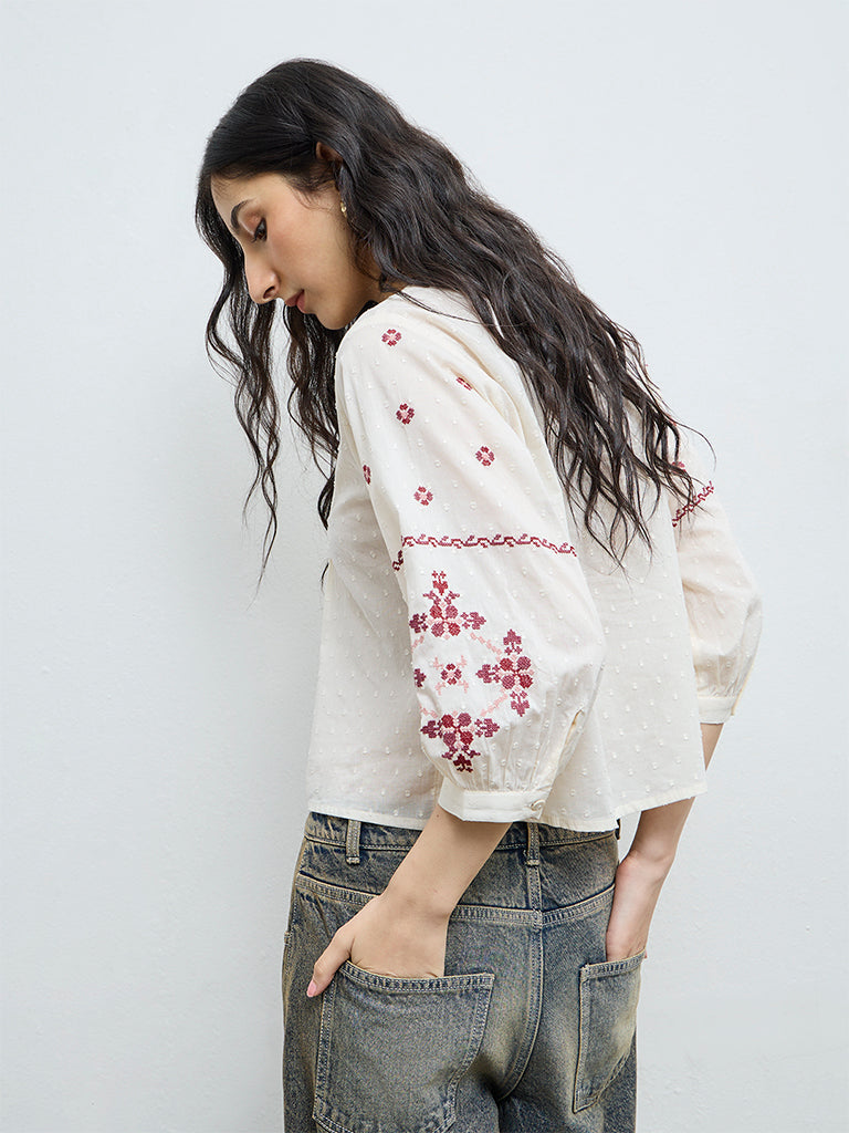 Bombay Paisley Off-White Embroidered Cotton Top