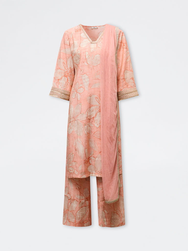 Vark Peach Floral A-Line Ethnic Set