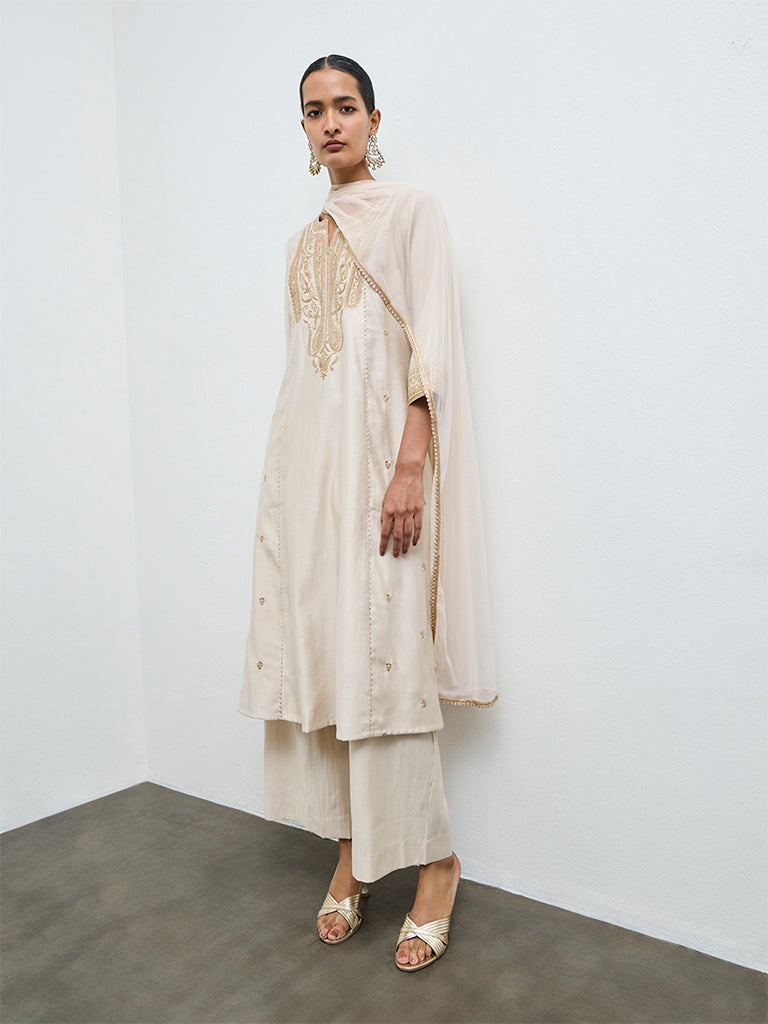Vark Off-White Embellished A-Line Ethnic Set