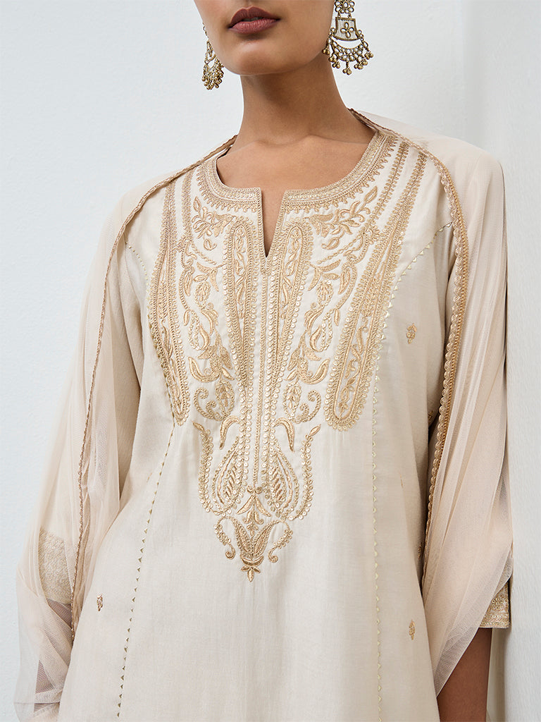 Vark Off-White Embellished A-Line Ethnic Set