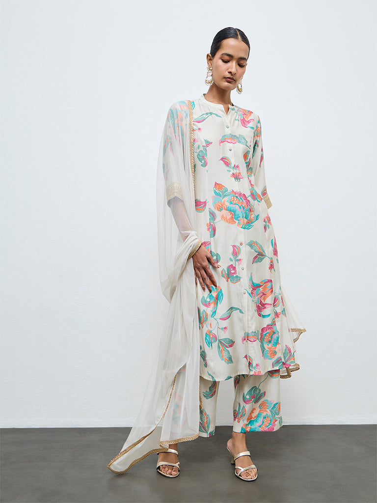 Vark Light Taupe Floral Pattern A-Line Ethnic Set