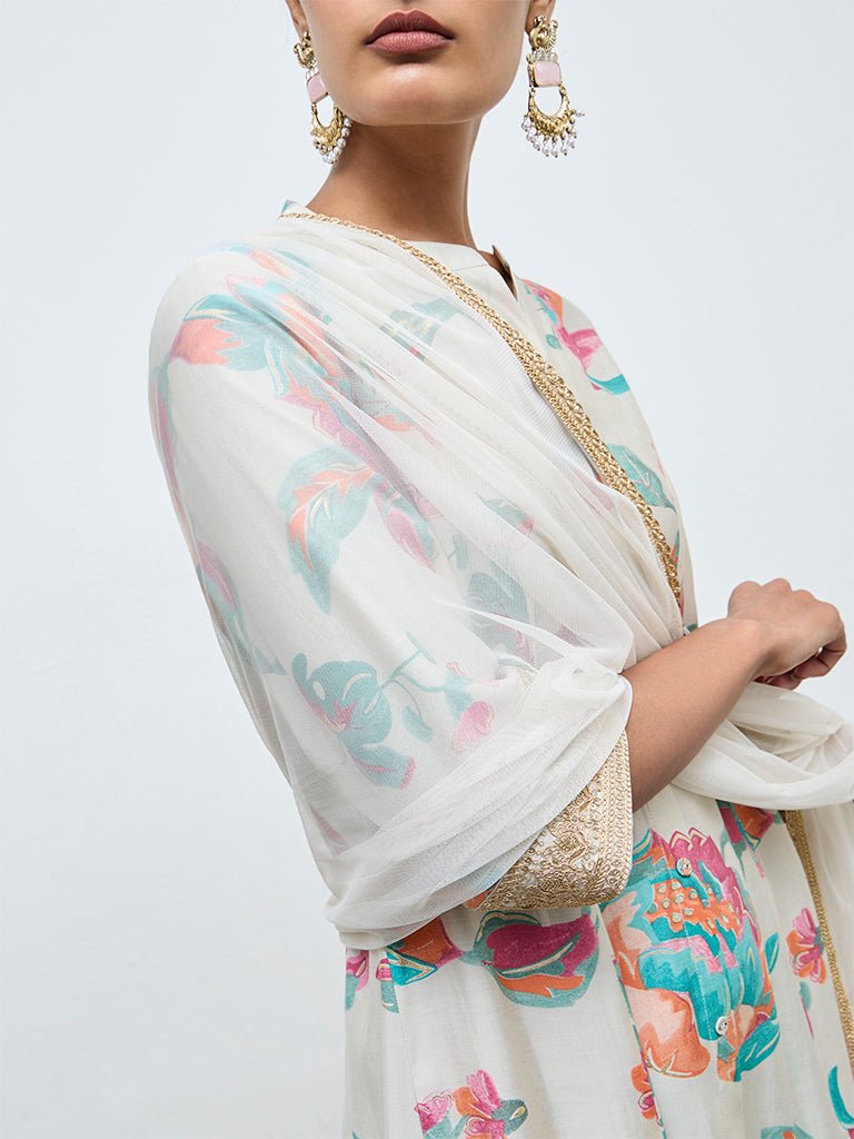 Vark Light Taupe Floral Pattern A-Line Ethnic Set