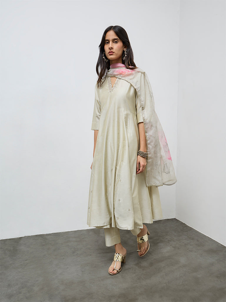 Vark Off-White Embellished A-Line Ethnic Set