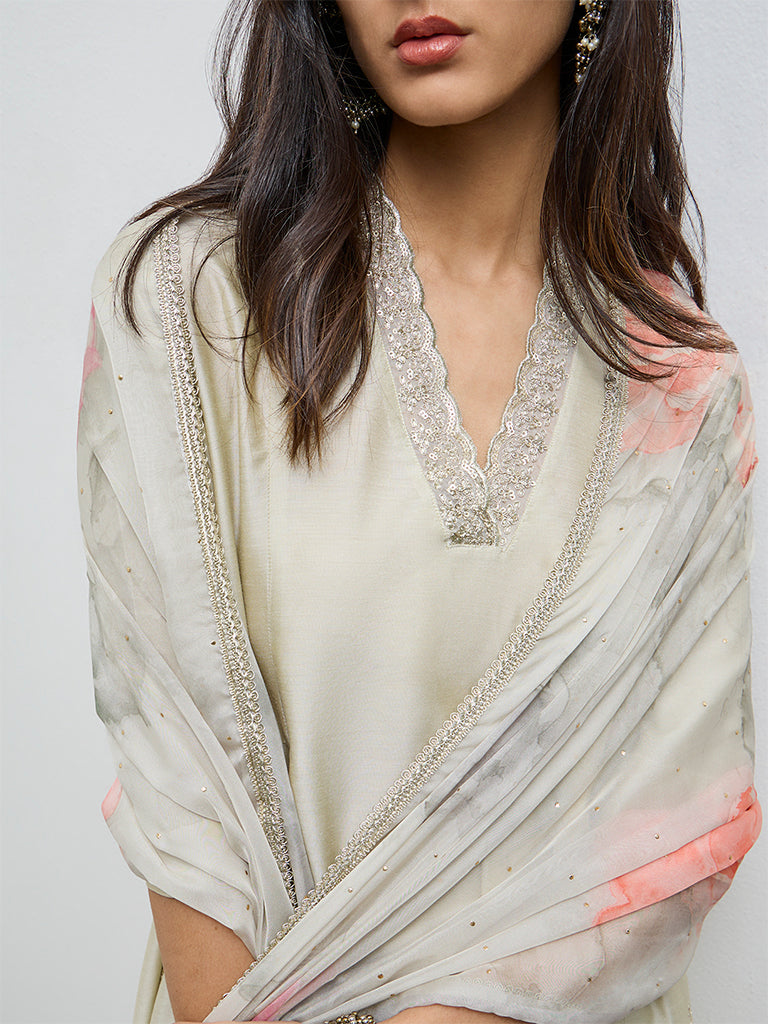 Vark Off-White Embellished A-Line Ethnic Set