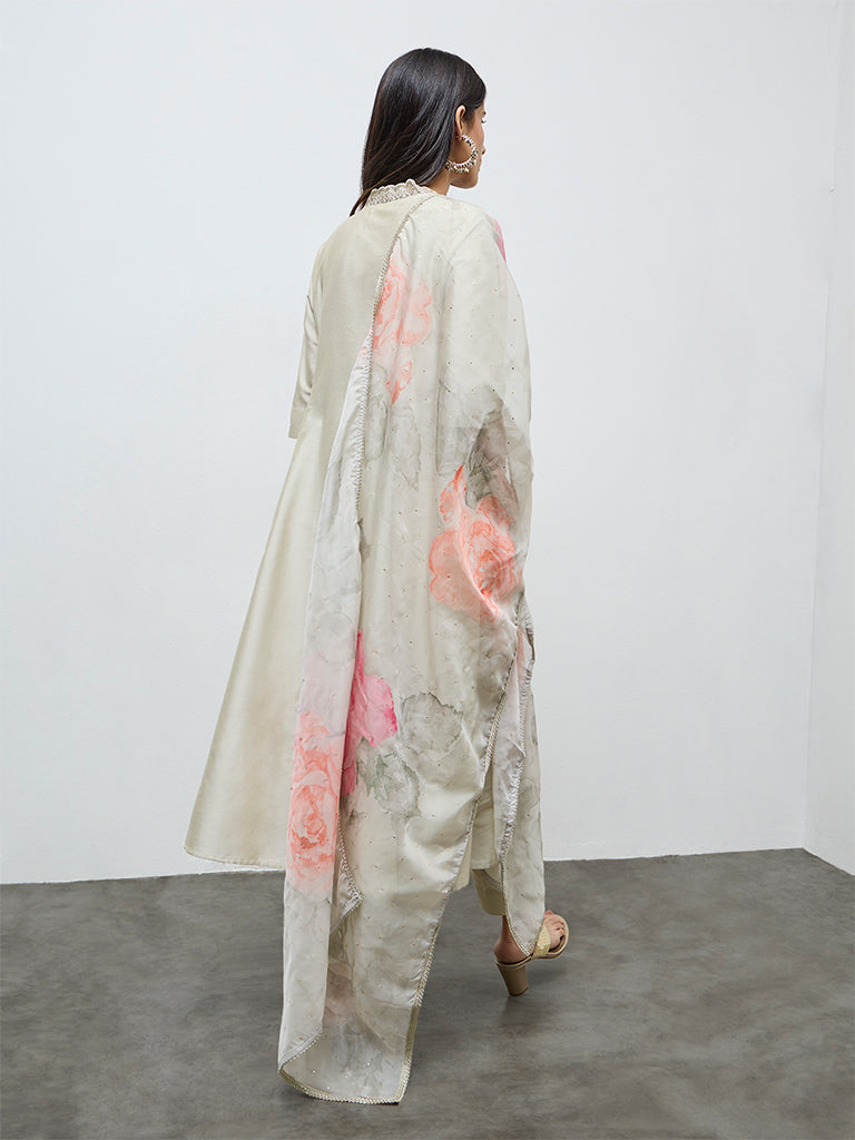 Vark Off-White Embellished A-Line Ethnic Set