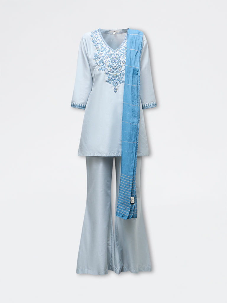 Vark Light Blue Floral Embroidered Straight Ethnic Set