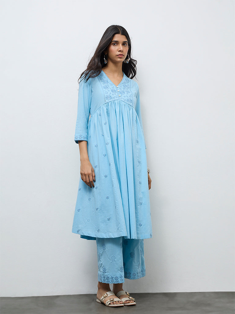 Utsa Blue Floral Embroidered Cotton A-Line Kurta