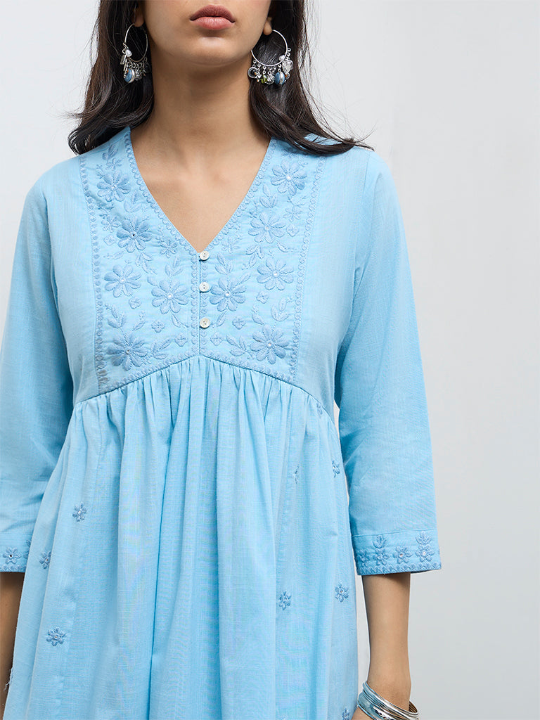 Utsa Blue Floral Embroidered Cotton A-Line Kurta