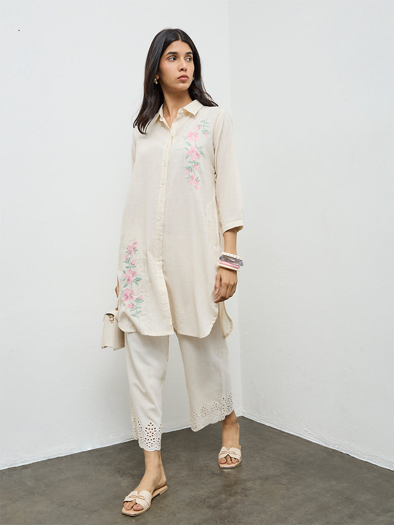 Utsa Light Beige Floral Embroidered Cotton Straight Kurta