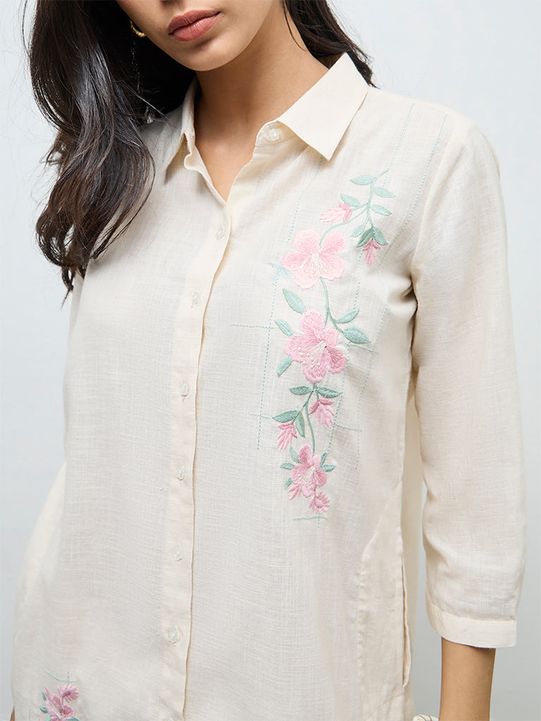 Utsa Light Beige Floral Embroidered Cotton Straight Kurta