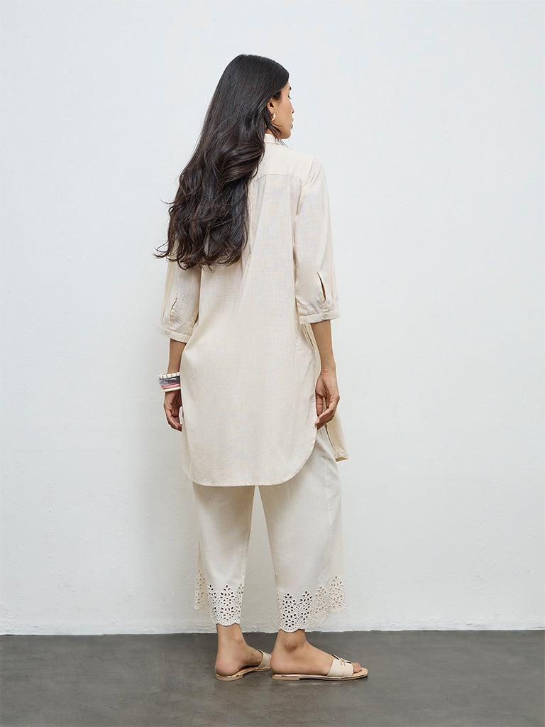 Utsa Light Beige Floral Embroidered Cotton Straight Kurta