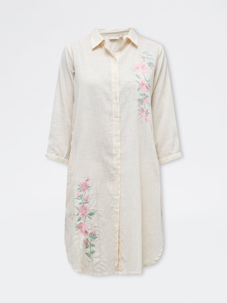 Utsa Light Beige Floral Embroidered Cotton Straight Kurta