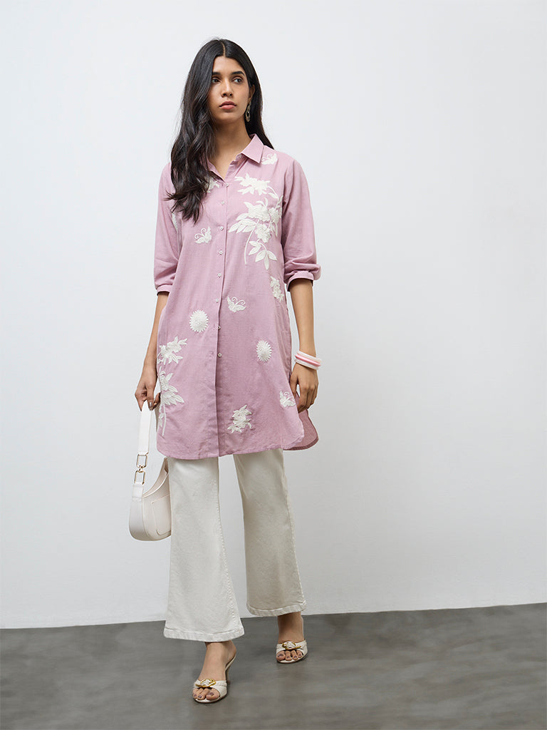 Utsa Pink Floral Printed Cotton-Blend A-Line Kurta