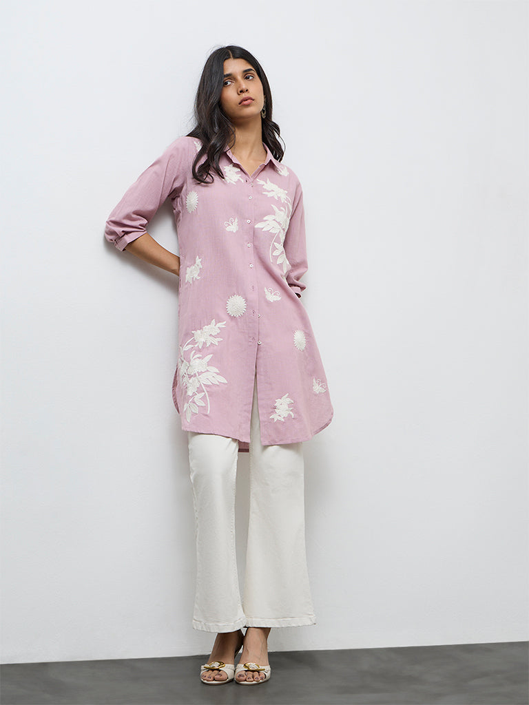 Utsa Pink Floral Printed Cotton-Blend A-Line Kurta
