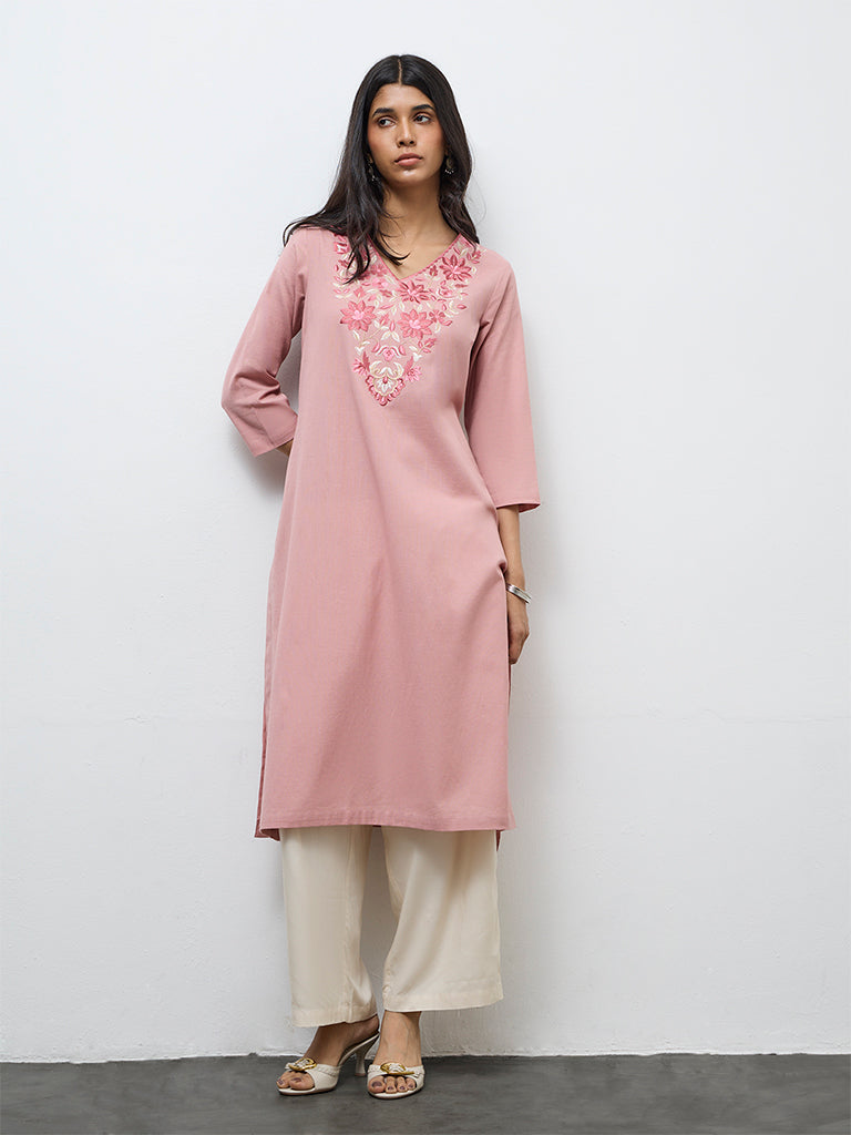 Utsa Pink Floral Embroidered Cotton-Blend A-Line Kurta