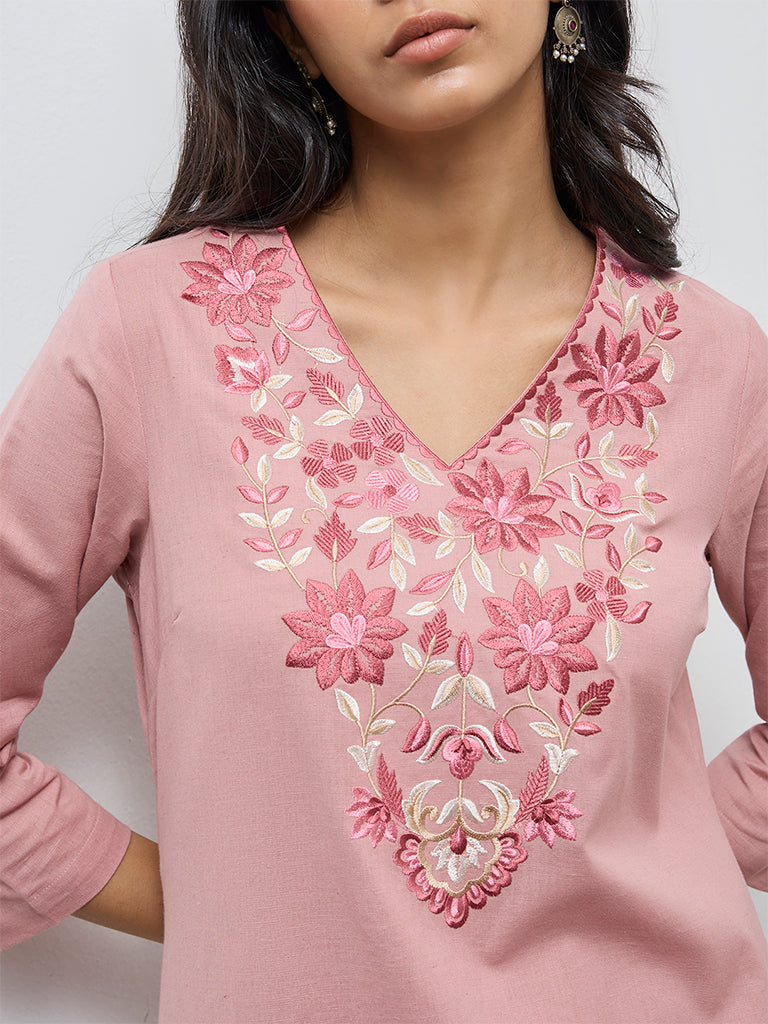 Utsa Pink Floral Embroidered Cotton-Blend A-Line Kurta