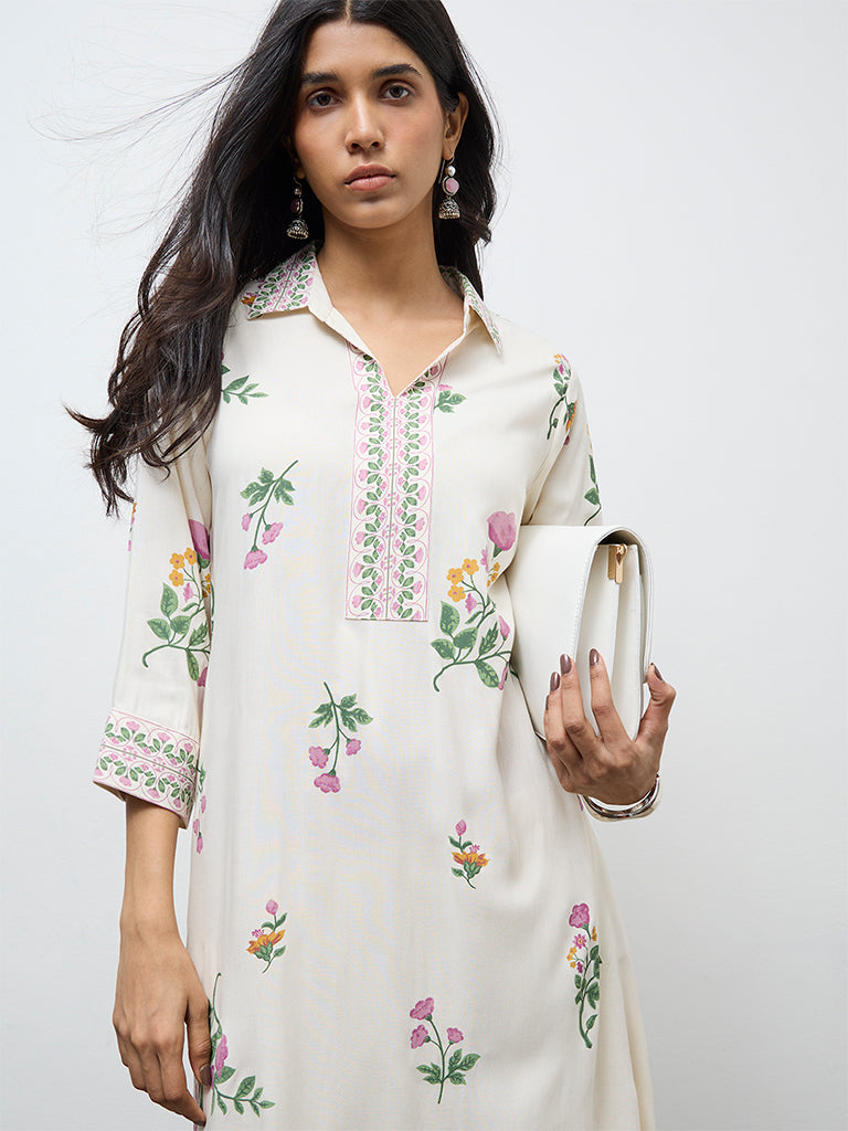 Utsa Off-White Floral Printed A-Line Kurta